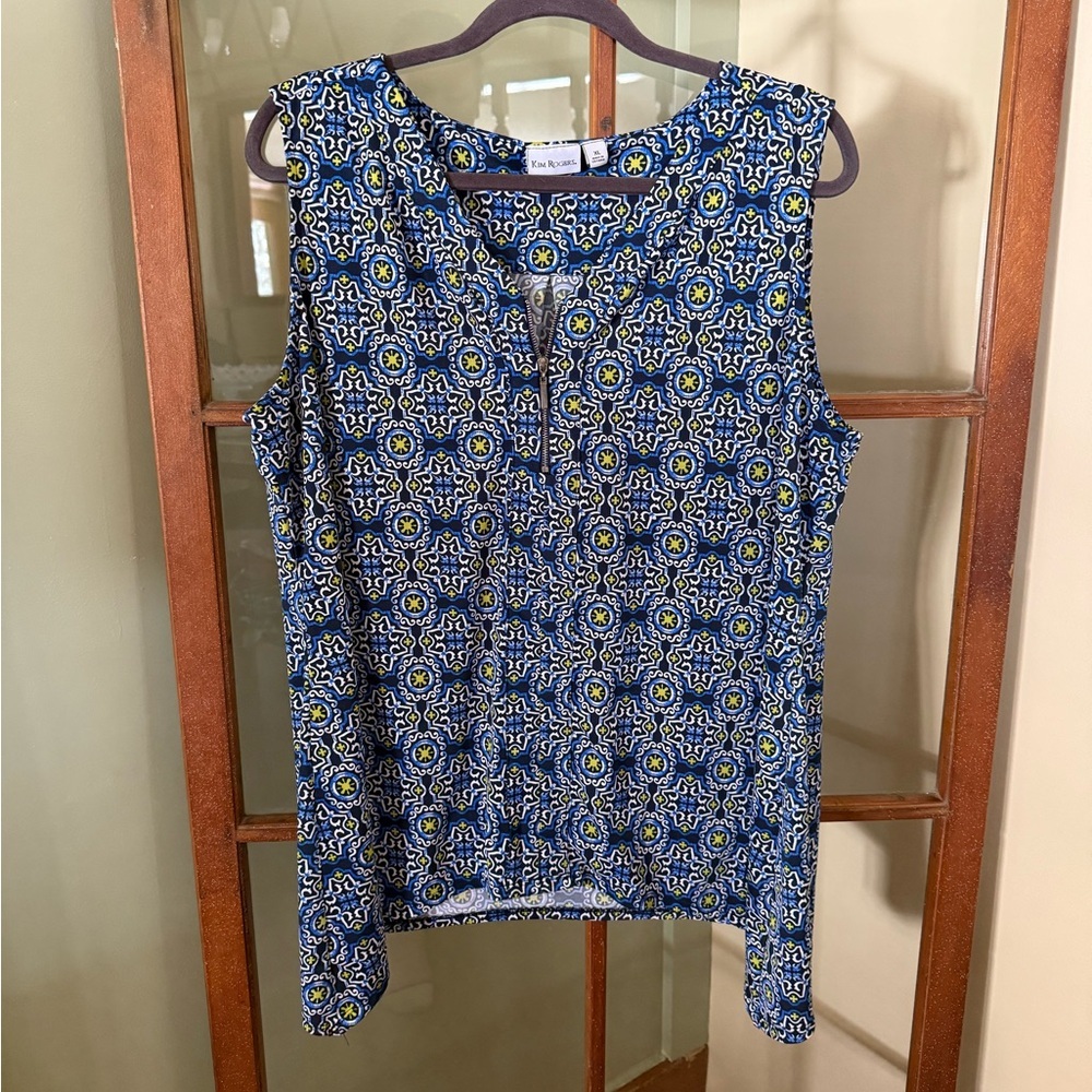 Kim Rogers Blue & Yellow Geometric Tile Print V-neck Tank Top Size XL